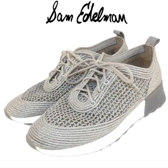 Sam Edelman DELMA Gray Woven Raffia Lace up Wedge Heel Sneakers Women's Size 7.5 - Picture 1 of 9